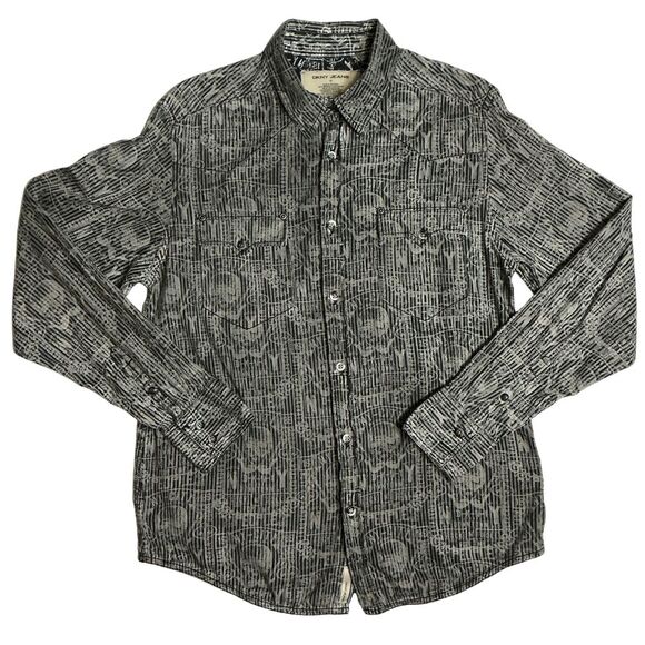 DKNY Men's Button-Front Shirt Size Medium Long Sleeves Black Gray Skull Guitars - Picture 1 of 8